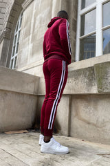 Mens Wine Velvet Twin Side Stripe Hooded Skinny Fit Tracksuit