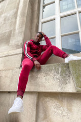 Mens Wine Velvet Twin Side Stripe Hooded Skinny Fit Tracksuit