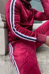 Mens Wine Velvet Twin Side Stripe Hooded Skinny Fit Tracksuit