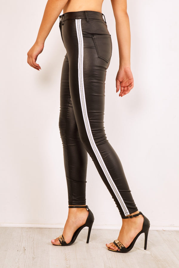 Wet Look Silver Side Stripe Skinny Jeans 