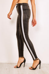 Wet Look Silver Side Stripe Skinny Jeans 