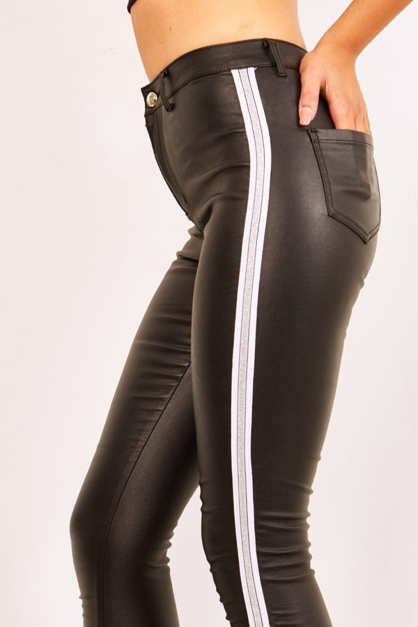 Wet Look Silver Side Stripe Skinny Jeans 