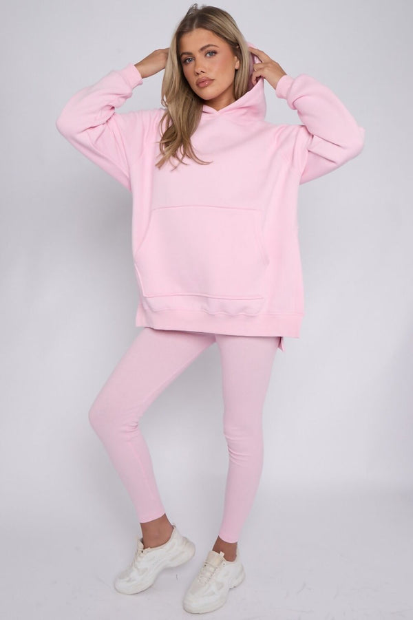Pink Oversized Split Sides Hoodie and Leggings Suit