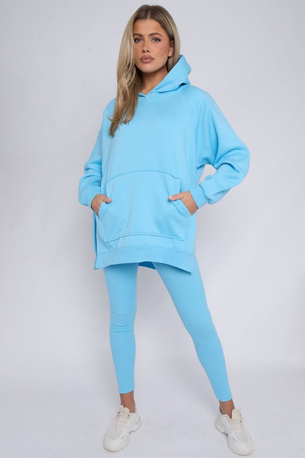 Sky Blue Oversized Split Sides Hoodie and Leggings Suit