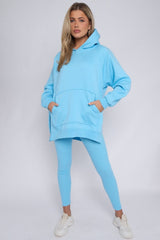 Sky Blue Oversized Split Sides Hoodie and Leggings Suit