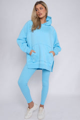 Sky Blue Oversized Split Sides Hoodie and Leggings Suit