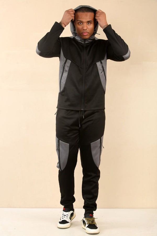 Black With Grey Casual Hooded and Jogger Tracksuit Set