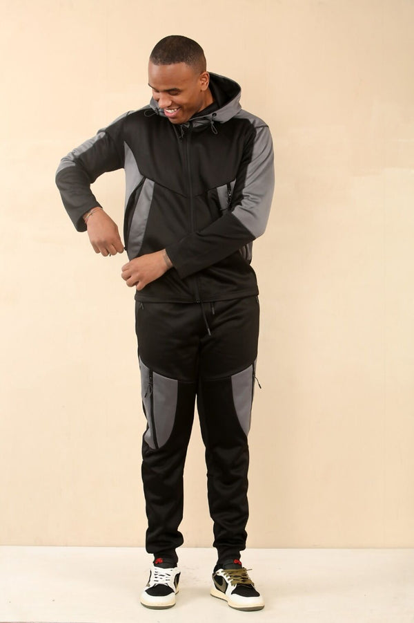 Black With Grey Casual Hooded and Jogger Tracksuit Set