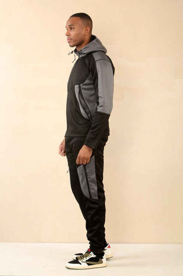 Black With Grey Casual Hooded and Jogger Tracksuit Set