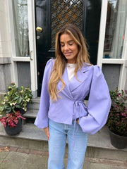 Lilac Tie Side Wrap Puff Sleeve Blazer