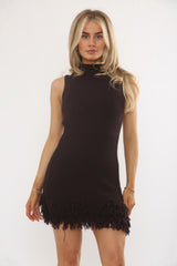 Brown Ribbed Knit Sleeveless Turtleneck Frilled Hem Mini Dress