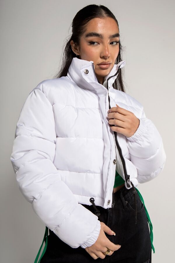 White Cropped Drawstring Puffer Jacket