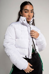 White Cropped Drawstring Puffer Jacket