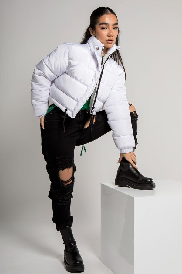 White Cropped Drawstring Puffer Jacket
