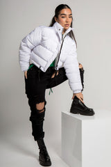 White Cropped Drawstring Puffer Jacket