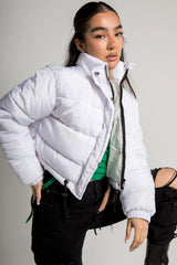 White Cropped Drawstring Puffer Jacket