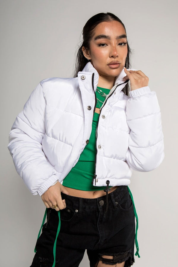 White Cropped Drawstring Puffer Jacket