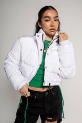 White Cropped Drawstring Puffer Jacket