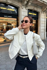 White Cropped Long Sleeve Bomber Jacket