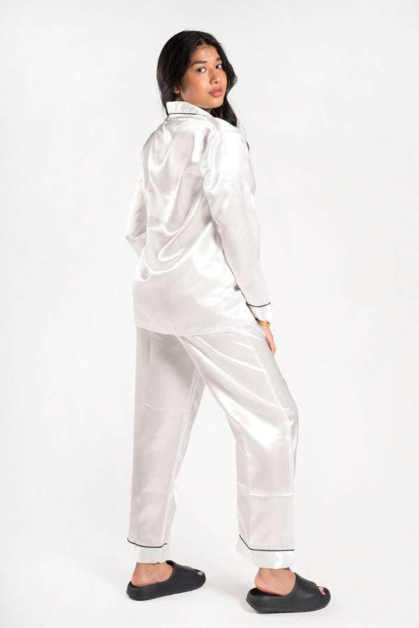 White Piping Detail Long Sleeve Satin Pyjama Set