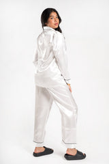 White Piping Detail Long Sleeve Satin Pyjama Set