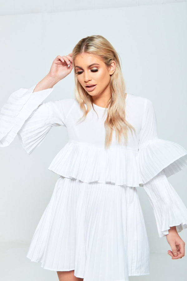 White Pleated Ruffle Mini Dress