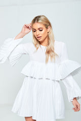 White Pleated Ruffle Mini Dress