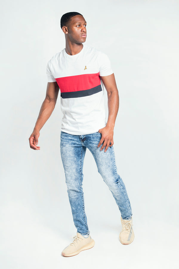 Mens White Panel Detail Bird Embroidered T-Shirt