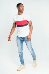 Mens White Panel Detail Bird Embroidered T-Shirt