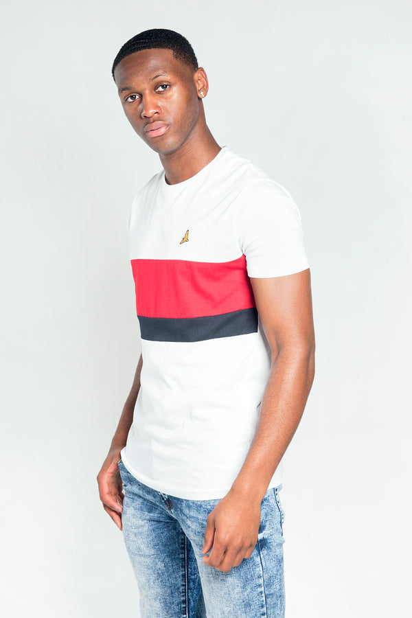 Mens White Panel Detail Bird Embroidered T-Shirt