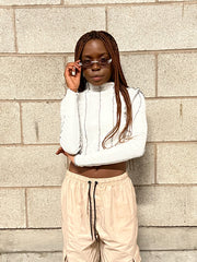 White Overlocked Stitch Detail Long Sleeve Top
