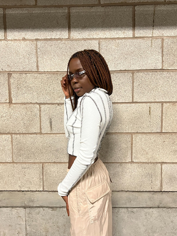 White Overlocked Stitch Detail Long Sleeve Top