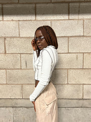 White Overlocked Stitch Detail Long Sleeve Top