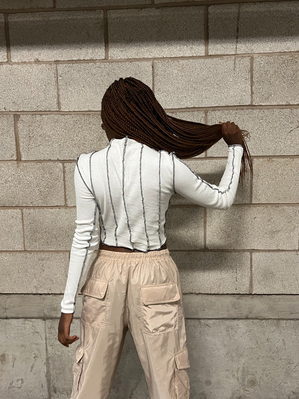 White Overlocked Stitch Detail Long Sleeve Top