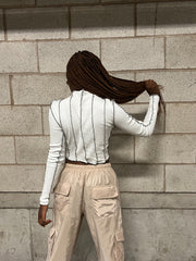 White Overlocked Stitch Detail Long Sleeve Top