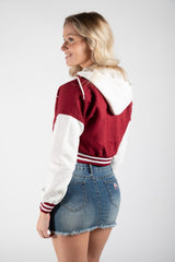Wine Hooded Contrast Sleeve Letter A Varsity Jacket