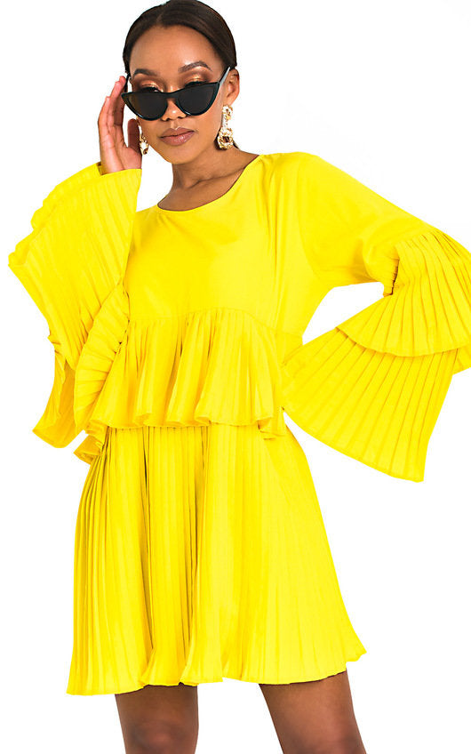 Yellow Pleated Ruffle Mini Dress