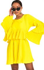 Yellow Pleated Ruffle Mini Dress