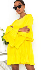 Yellow Pleated Ruffle Mini Dress
