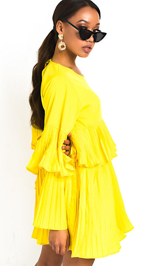 Yellow Pleated Ruffle Mini Dress