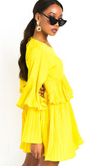 Yellow Pleated Ruffle Mini Dress