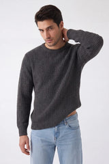 Men’s Charcoal & Black Waffle Knit Crew Neck Jumper - Hudson