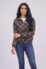 Brown Check Print Cropped Zipped Jacket - Ella