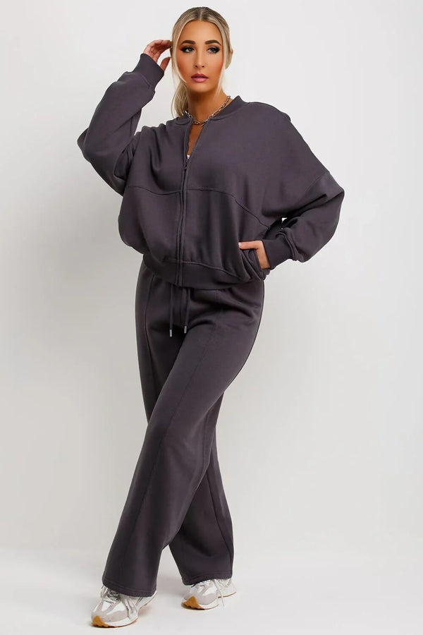Slate Grey Bomber Sweatshirt With Straight Leg Jogger