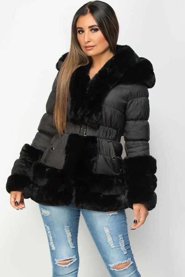 Black Puffer Jacket With Fur Hood Cuff And Trim 