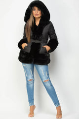 Black Puffer Jacket With Fur Hood Cuff And Trim 