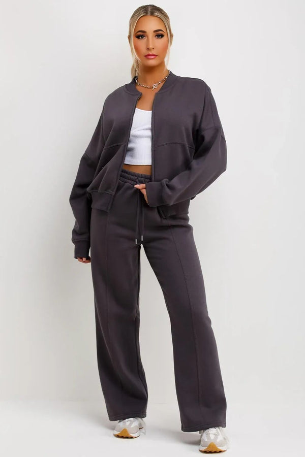 Slate Grey Bomber Sweatshirt With Straight Leg Jogger