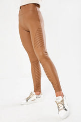 Camel High Waisted Faux Leather Biker Leggings