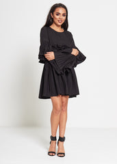 Black Pleated Ruffle Mini Dress