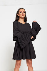 Black Pleated Ruffle Mini Dress